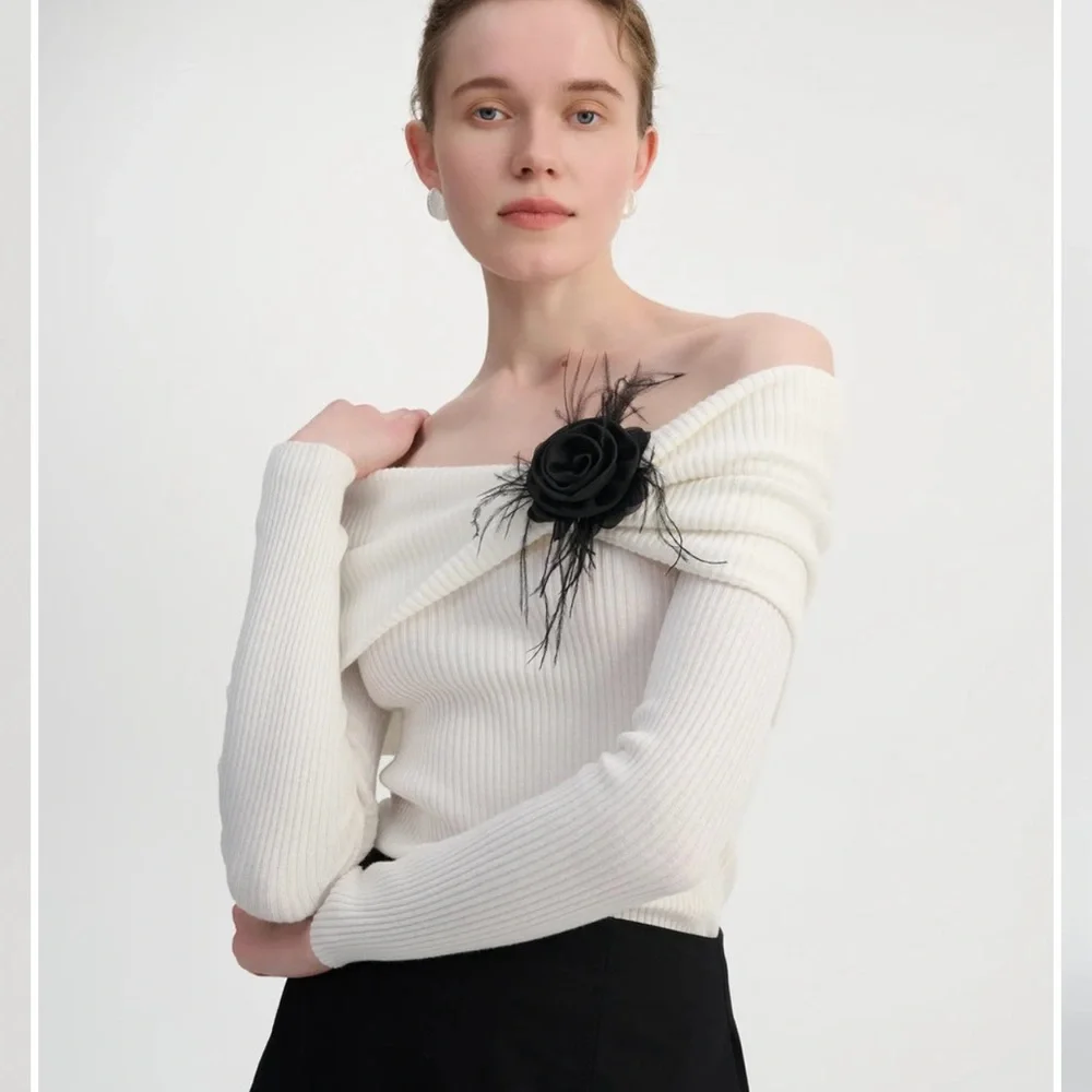 Off-Shoulder Ribbed Knit Sweater with Black Rose Detail - Picture 3 of 3